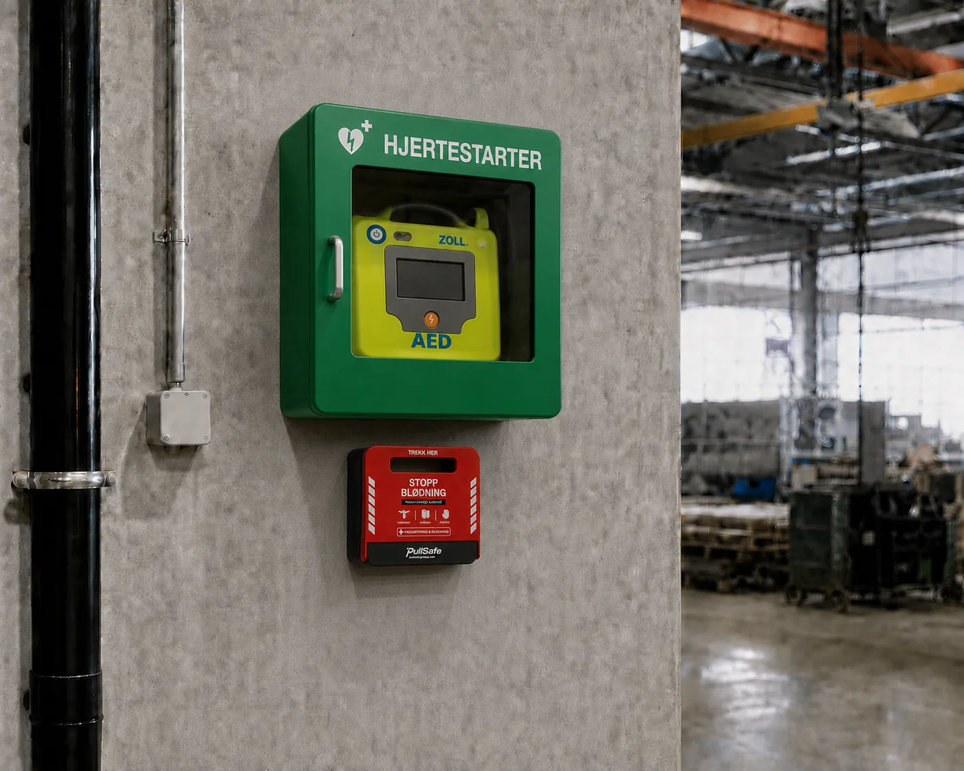 PullSafe montert på vegg under et hjertestarterskap i et industrilokale