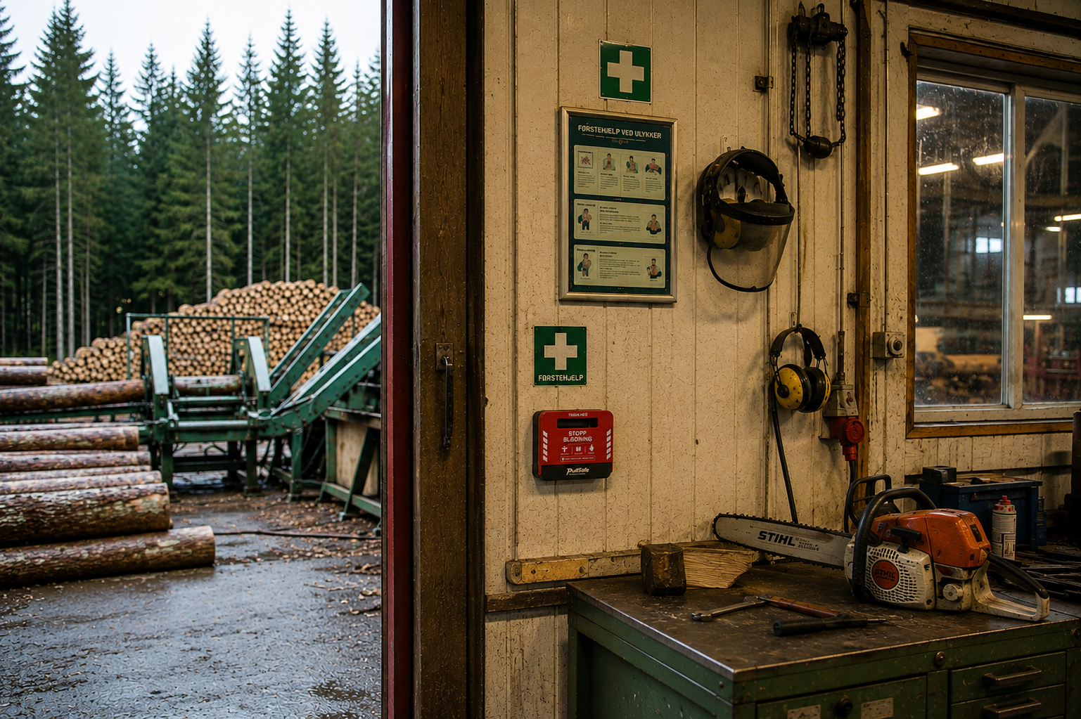 PullSafe montert på veggen ved arbeidsbenken i et sagbruk